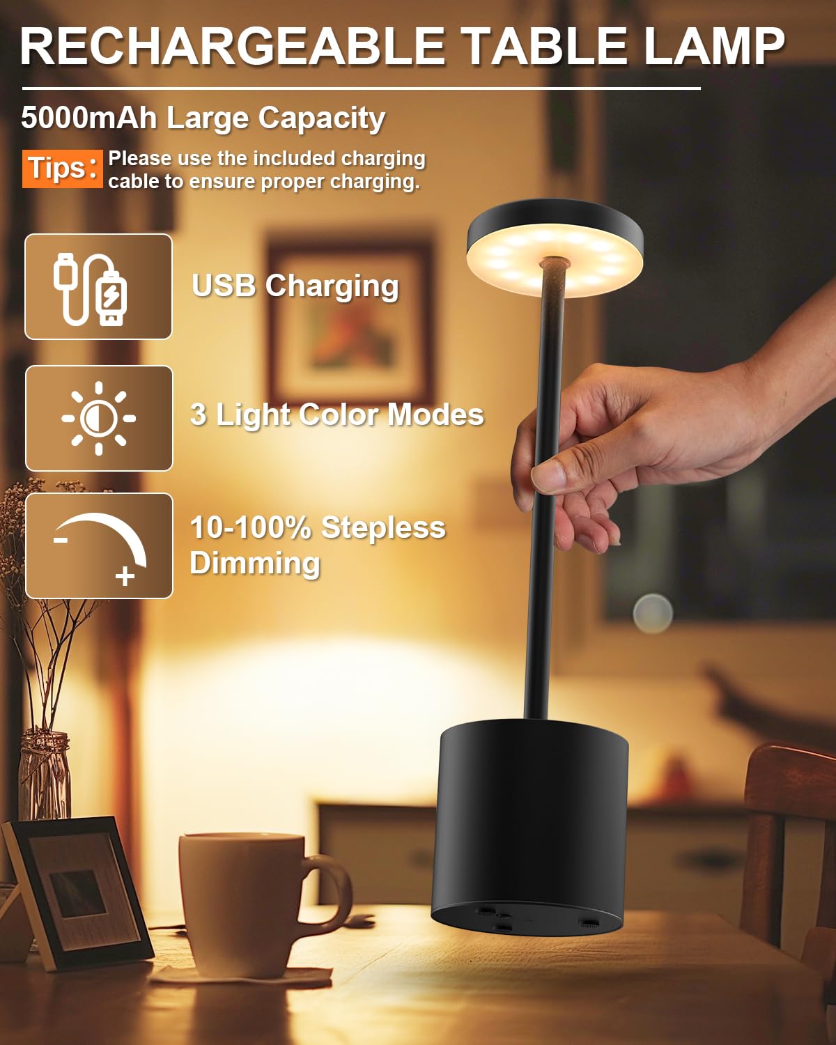 Swinerton Cordless Table Lamp - Rechargeable LED, 5000mAh Battery, 3 Color Dimmable, Portable for Outdoor/Indoor Use, Black, Model 9061S