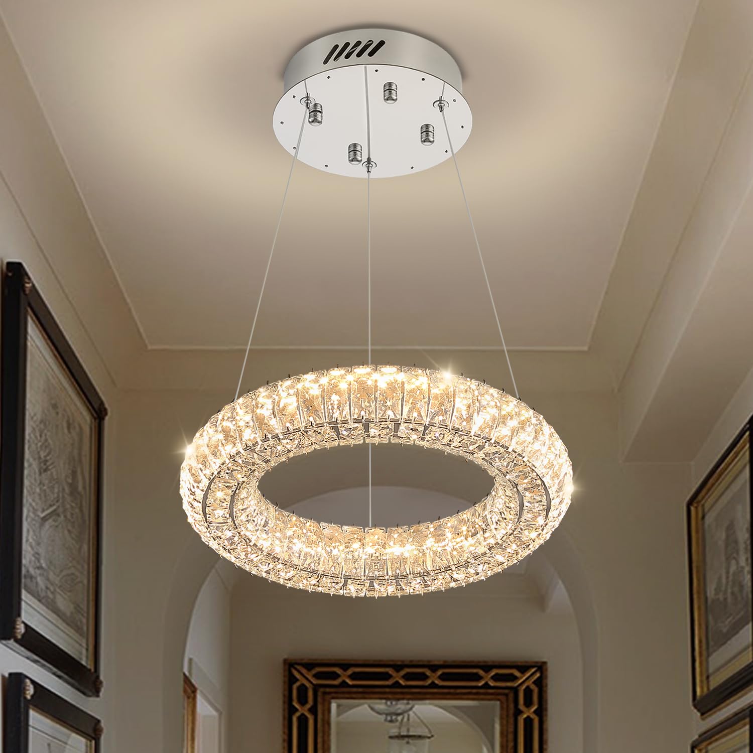 IDEQUY Modern Crystal Chandelier LED Pendant Light 7.8" Adjustable Silver CF8022-20Y for Dining Room Living Room