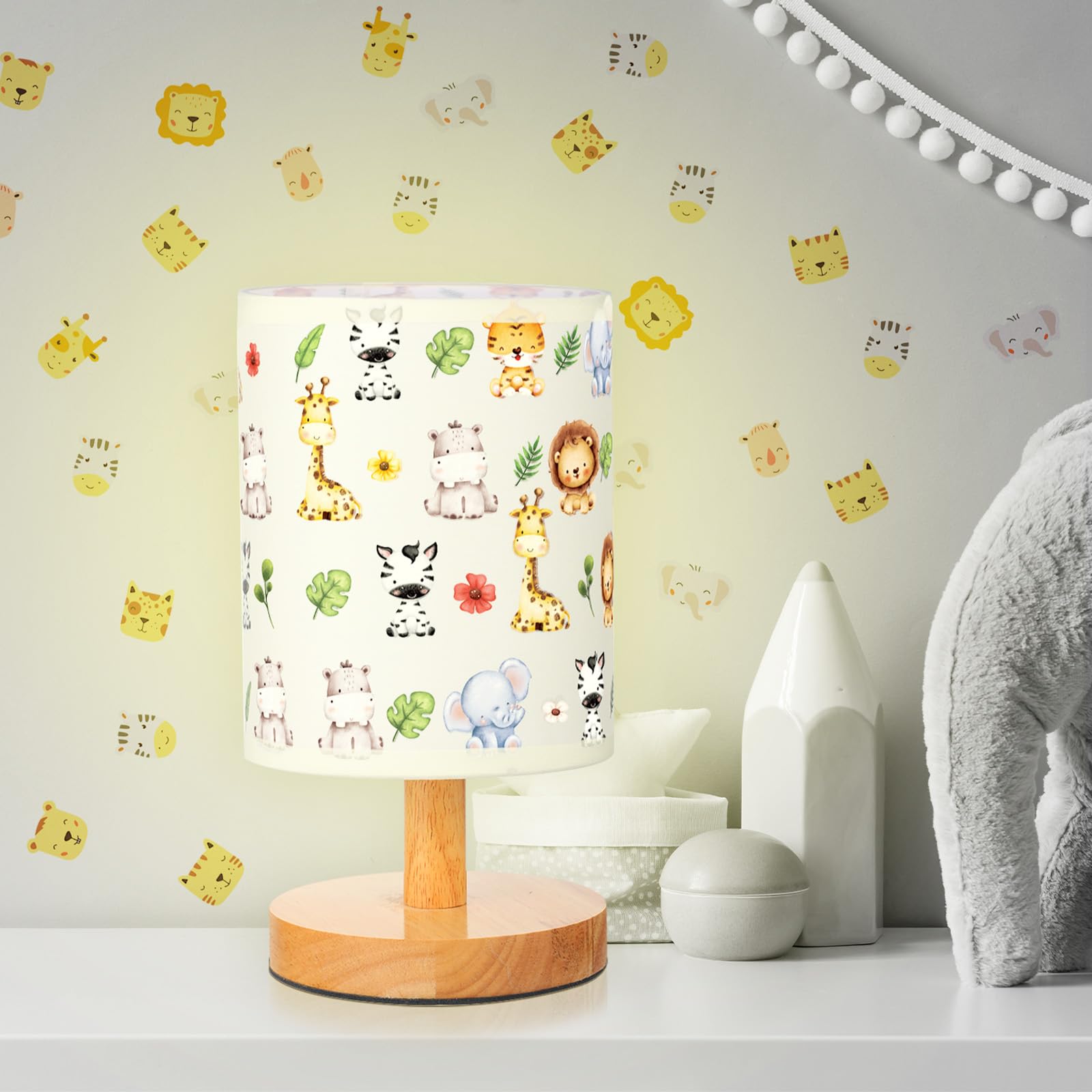 Vihose Safari Animal Table Lamp For Bedroom Kids Bedside Lamp With Linen Wooden Nightstand Lamp Cartoon Nursery Lamp Lampshade F