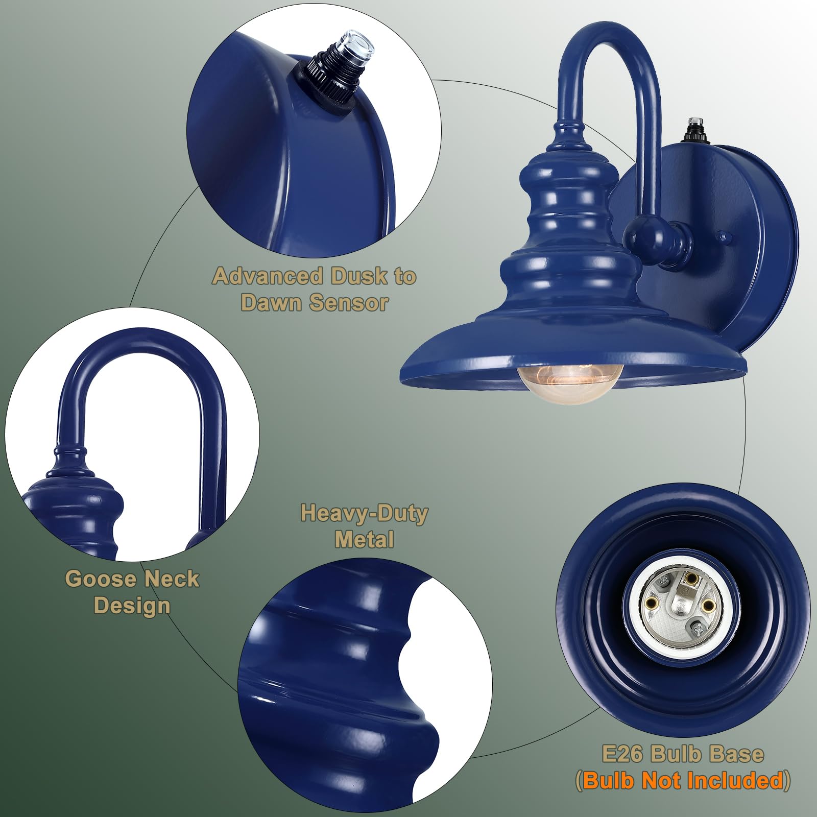 LONEDRUID Gooseneck Barn Light Outdoor Sconce Blue Metal Wall Mount Lantern