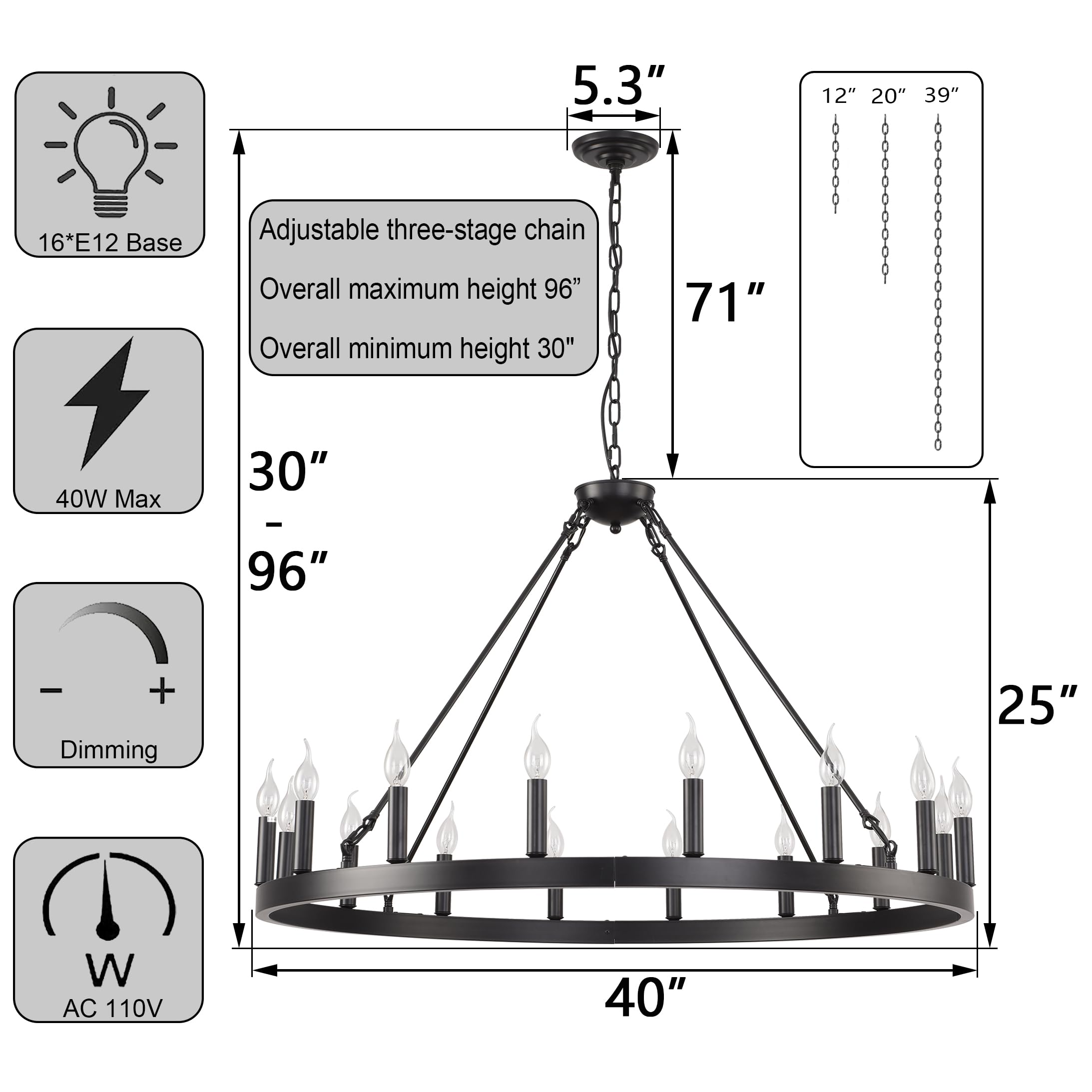 Sarudiir 40&quot; Black 16-Light Rustic Farmhouse Wagon Wheel Chandelier For Porch & Dining Room