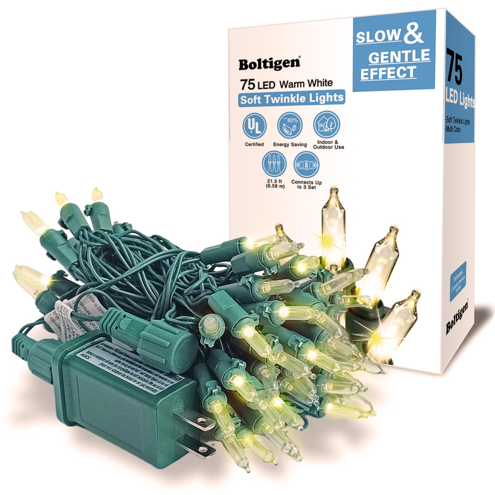 75 Led Soft Twinkle Lights, Slow Twinkling Christmas Lights, 37 Of 75 Lights Twinkle, Waterproof Gentle String Lights, Ul Certified 28 Ft Connectable Indoor Outdoor Decoration (Warm White)