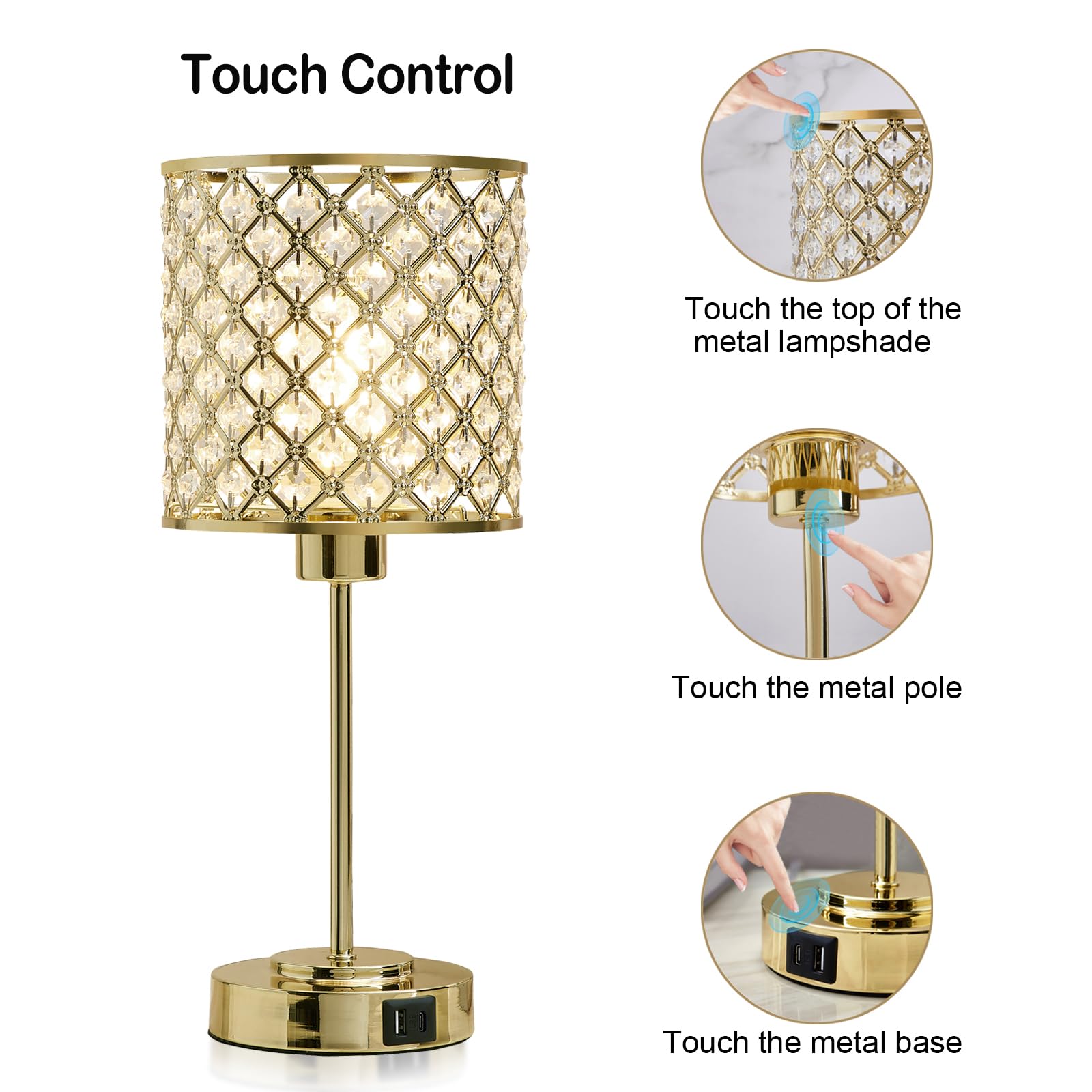 Crystal Touch Control Table Lamp With Usb-C+A Charging Ports 3-Way Dimmable Nightstand Lamp Set Of 2 Crystal Decorative Bedside