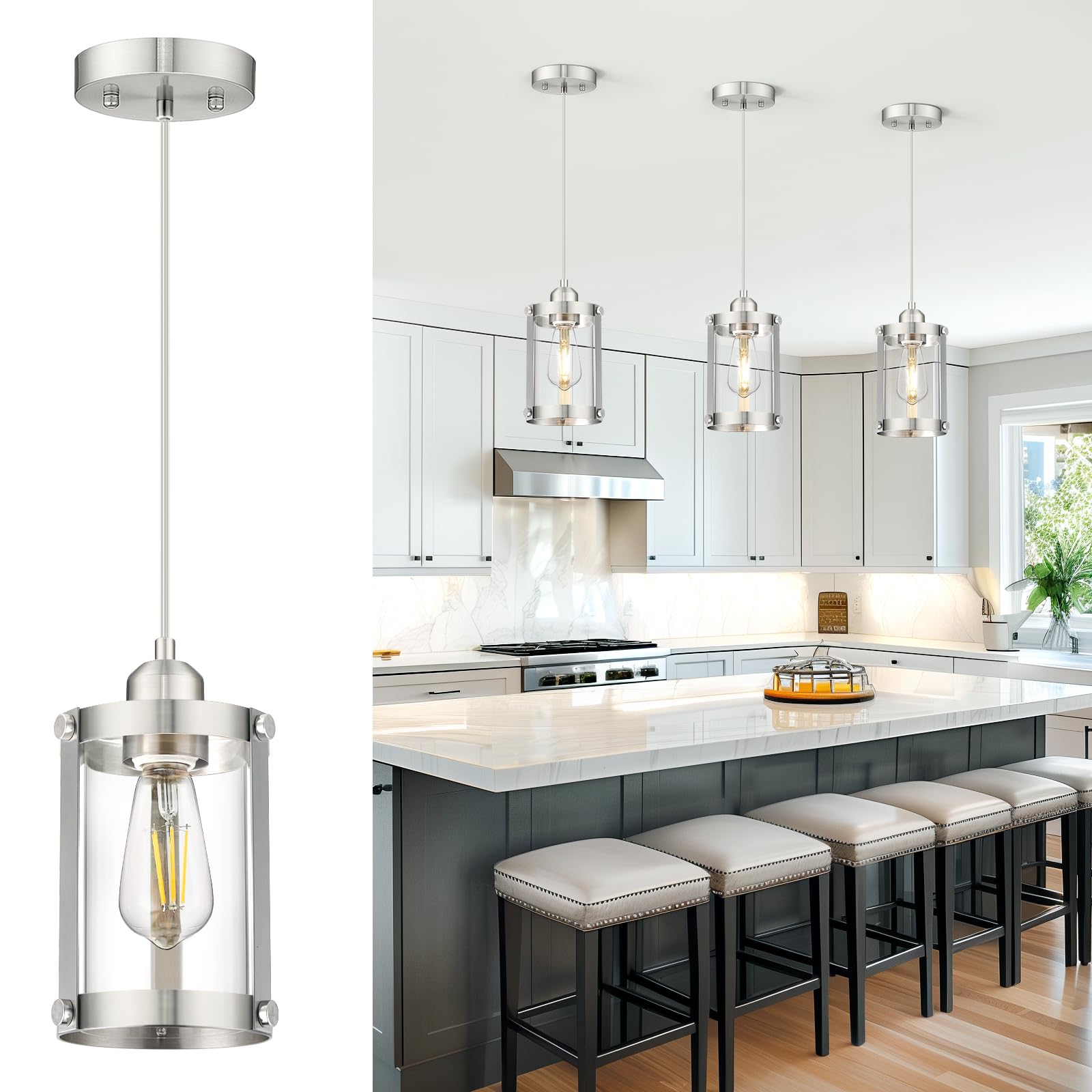 Osimir Brushed Nickel Pendant Lights Kitchen Island, 1-Light Modern Mini Hanging Light Fixtures with Clear Glass, Farmhouse Kitc