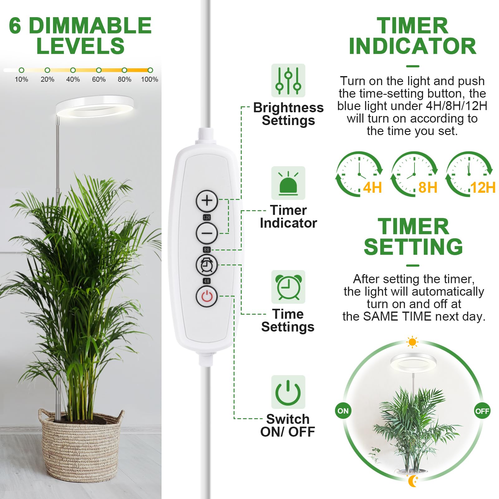 Lordem Grow Light For Indoor Plants, 7.9&quot; Full Spectrum Led Plant Grow Light, Height Adjustable Growing Lamp With Auto Timer 4H/8H/12H, 6 Dimmable Levels, Ideal For Indoor Large Tall Plants Growth