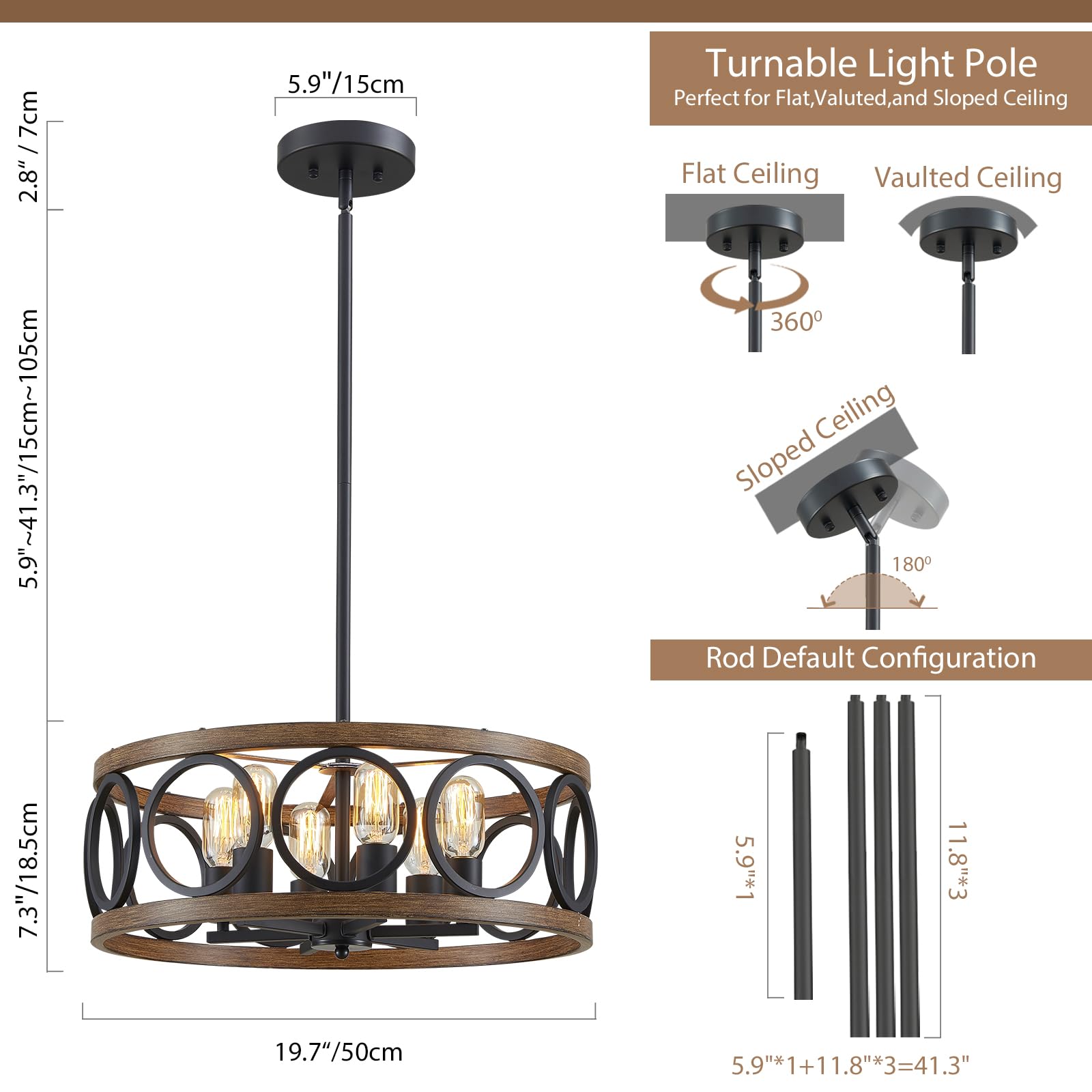 Peskoe Chandeliers For Dining Room, 19.7'' Farmhouse Modern Black And Wood Grain Metal Pendant Light, Drum Rustic Living Room Be
