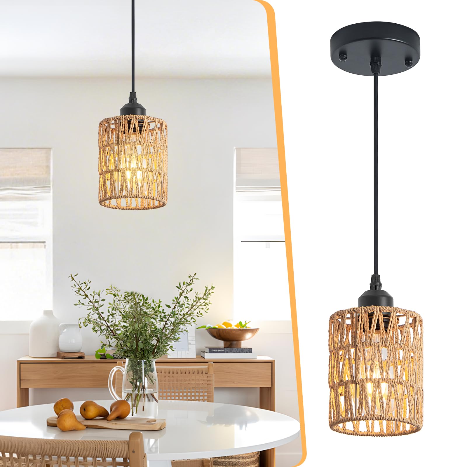 OTeedo Rattan Chandelier Pendant Lights Kitchen Island,Farmhouse Boho Chandeliers Adjustable Height Hanging lamp for Dining Room