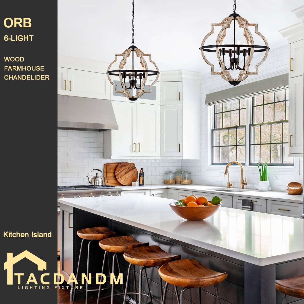 TACDANDM Farmhouse Chandelier, 23'' 6-Light Wood Pendant, Rustic Oak Distressed White, Metal, Model DG-021, Ideal for Dining Room & Entryway
