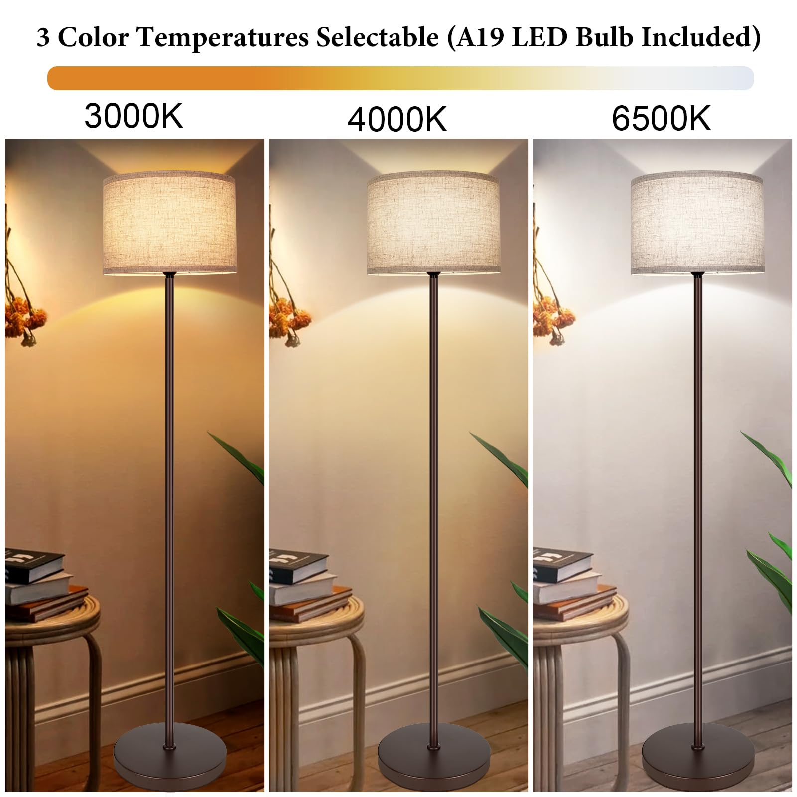 Simple Design Floor Lamp With 3Cct 9W Led Bulb, 65? Modern Industrial Standing Lamp For Living Room With Foot Switch, Tall Lamp