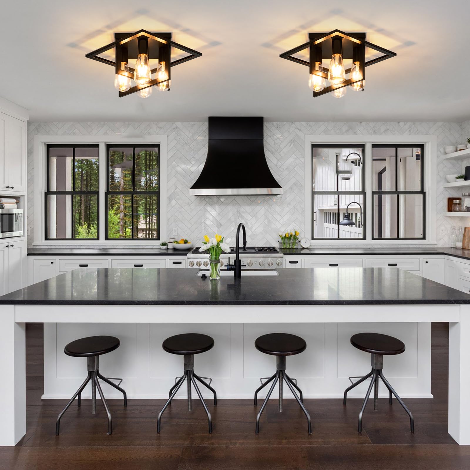 Industrial Farmhouse Ceiling Light Fixture 4-Light Set Of 2 Matte Black Flush Mount With Geometric Cage Design - E26 Base For Ki