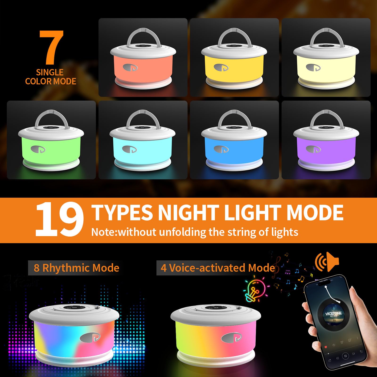 TOHETO Camping String Lights, 32.8 FT RGB Lantern, 19 Lighting Modes, Rechargeable, White, Model JSK-L26