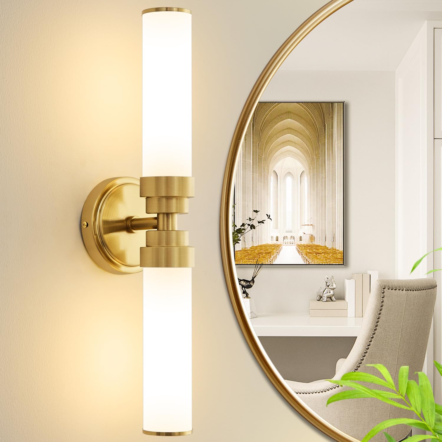 Vaziden Bathroom Light Fixtures  Gold Wall Sconce With Milk Glass Shade  Modern Vanity Light Up And Down Sconces Wall Lighting - Bulb Not Included