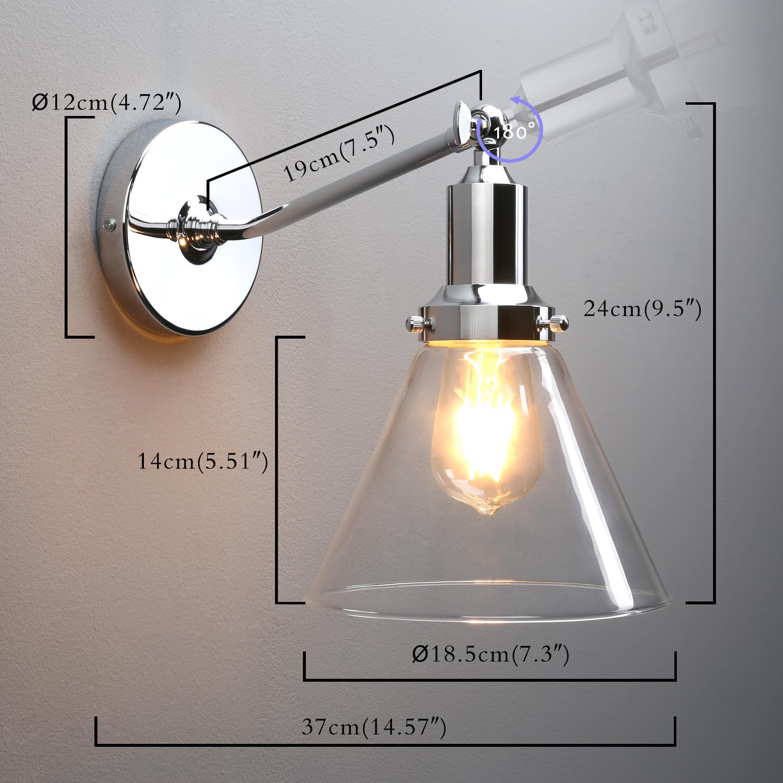 PERMO Industrial Vintage Wall Sconce Light Fixture, Funnel 1-Light, Hardwired, Chrome, Model Y410, Metal Construction