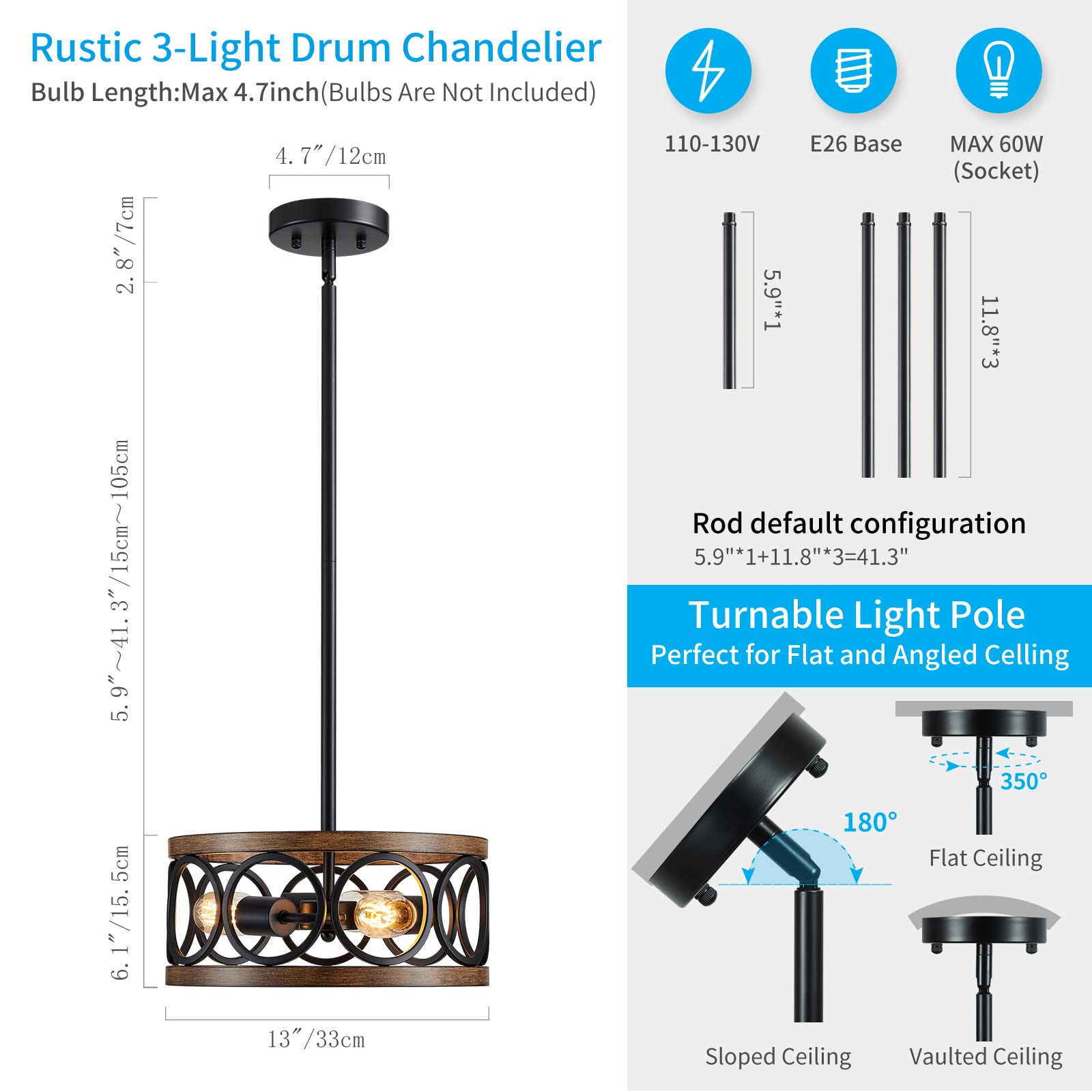 Xingqi Farmhouse Drum Pendant Light Modern 3-Light 13" Chandeliers For Dining Room, Vintage Retro Metal Hanging Light Fixtures For Entryway, Bedroom, Matte Black + Wood Grain Finish