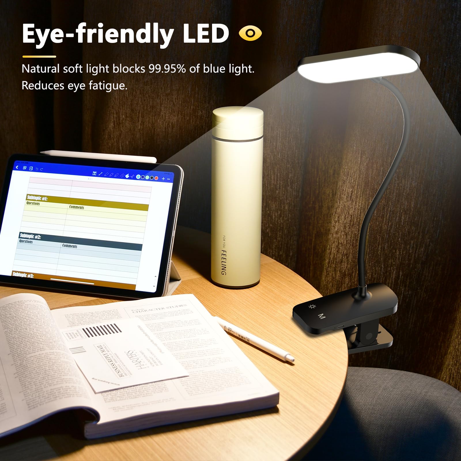 HECDSTLY Clip on Desk Lamp - USB Rechargeable, 5 Brightness Levels, Portable, Battery Powered, Black, Model F921WBB-B