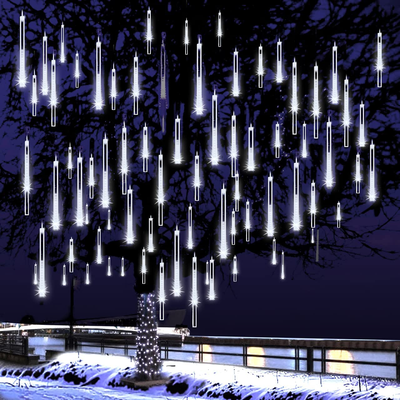 Adecorty Meteor Shower Lights, 8 Tubes, 192LED, White, UL Certified, 26.9ft Outdoor Christmas Decorations