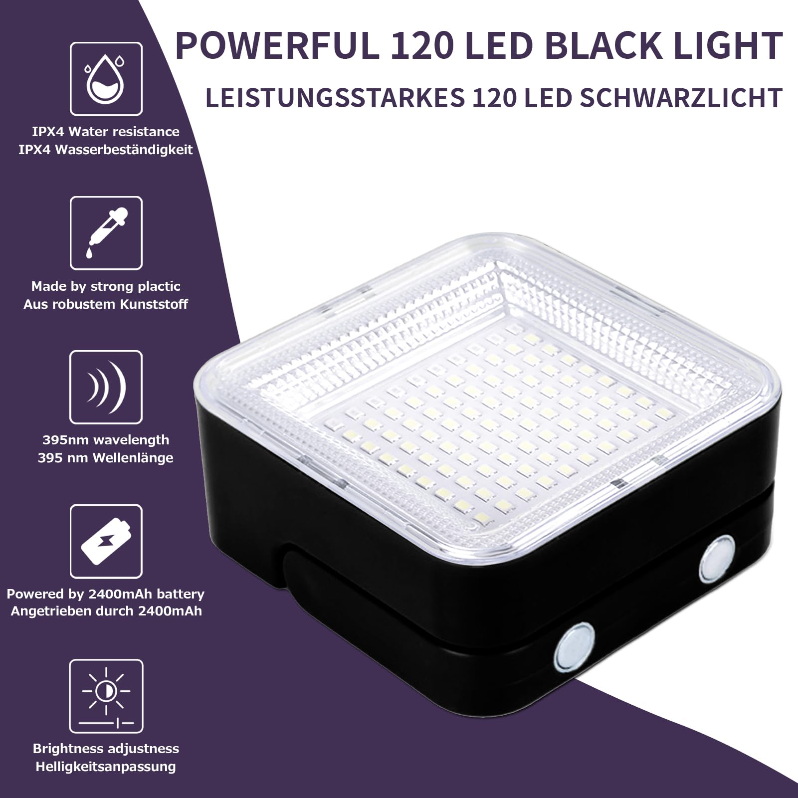 Winniw Rechargeable Black Light, Dimmable Uv Light, 120 Led Ultraviolet Blacklight, Suitable For Neon Glow Party, Halloween, Body Painting, Uv Paint, Fluorescent Effect