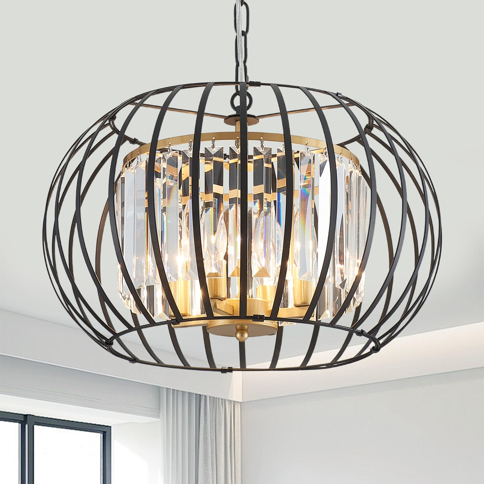 Cabvope Black Gold Crystal Chandeliers 17.7 Modern 4-Light Cage Pendant Lighting Fixture Adjustable Farmhouse Round Chandeliers 