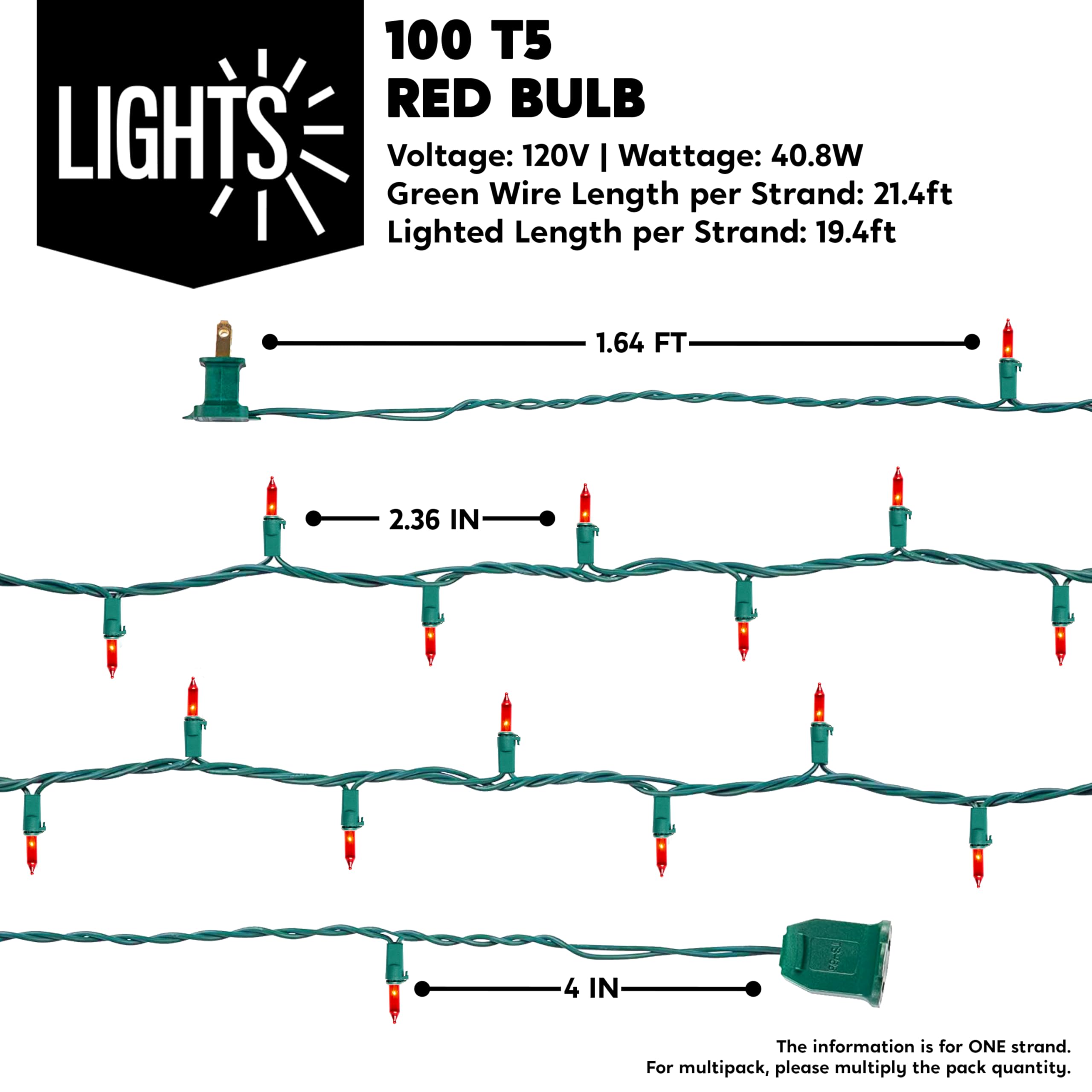 Joiedomi Red Christmas String Lights, 100 Count, 21.4FT, Plug-in for Indoor/Outdoor, Green Wire