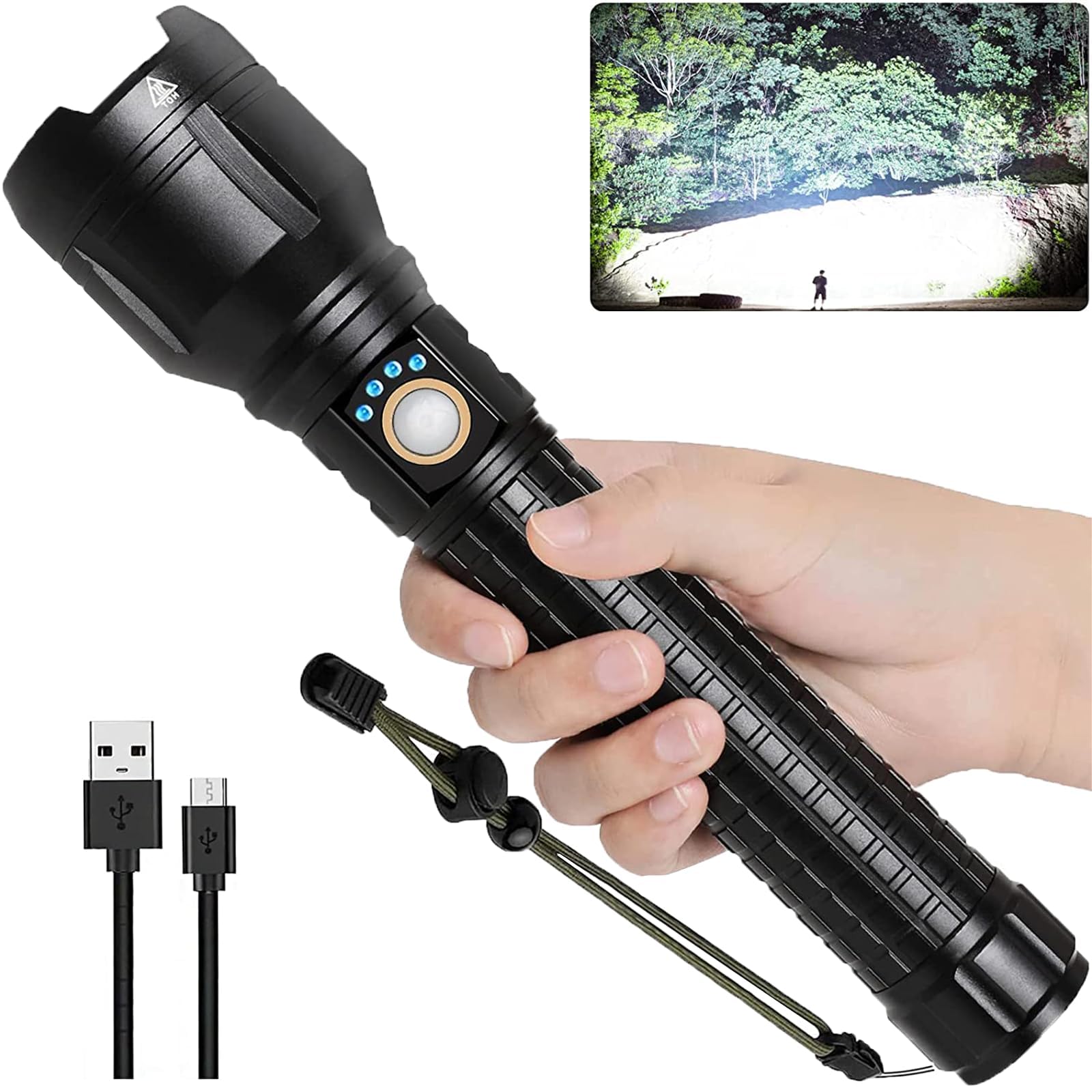 LBE Rechargeable Brightest LED Flashlight, 90,000 High Lumens Super Bright Powerful Flashlight with 5 Modes, IPX7 Waterproof Han