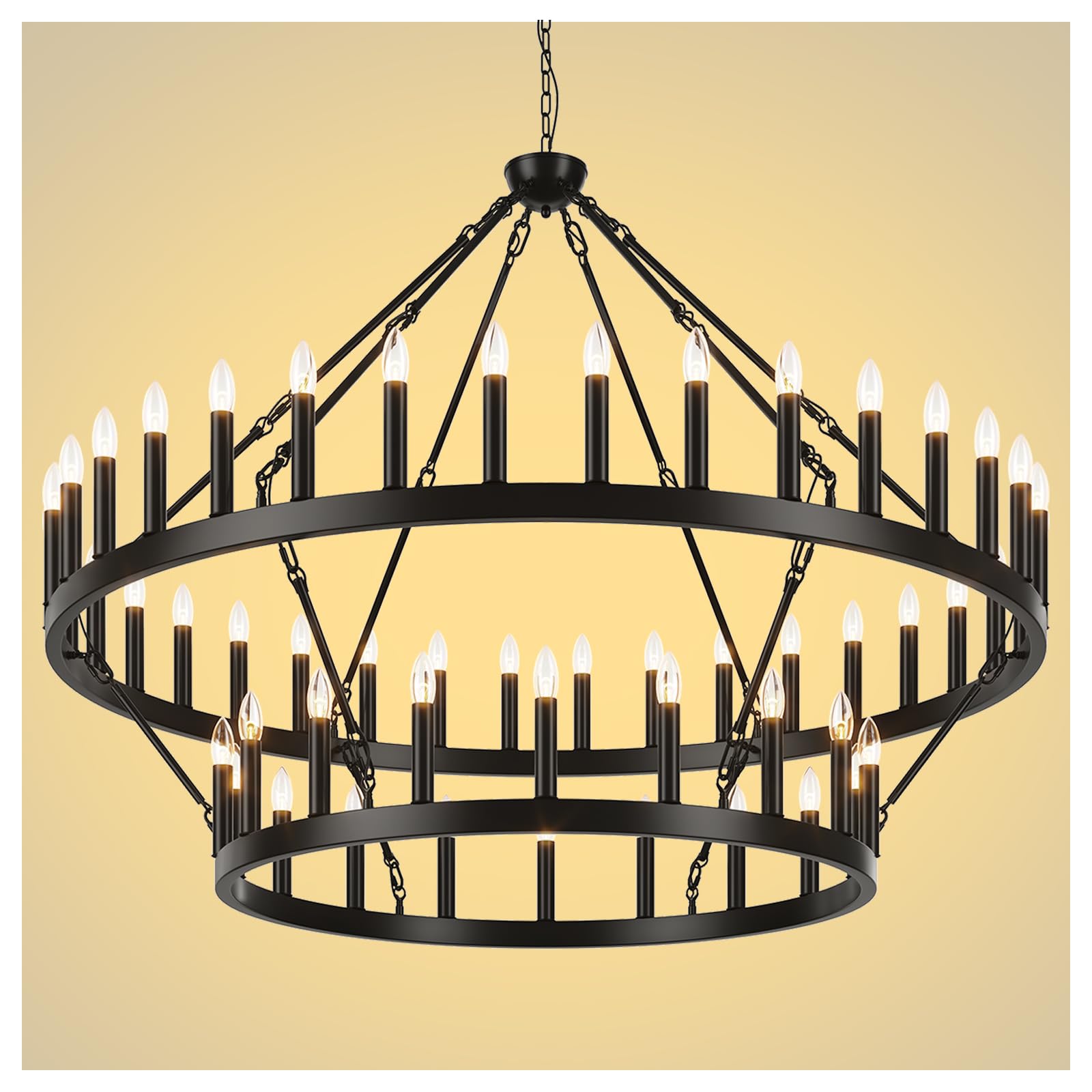 Yikrfiae 2 Tier Black Large Wagon Wheel Chandelier  54-Lights 60 Inch Farmhouse Pendant Light Fixture  Round Rustic Hanging Lighting for Dining Room Kitchen Island Foyer Entryway