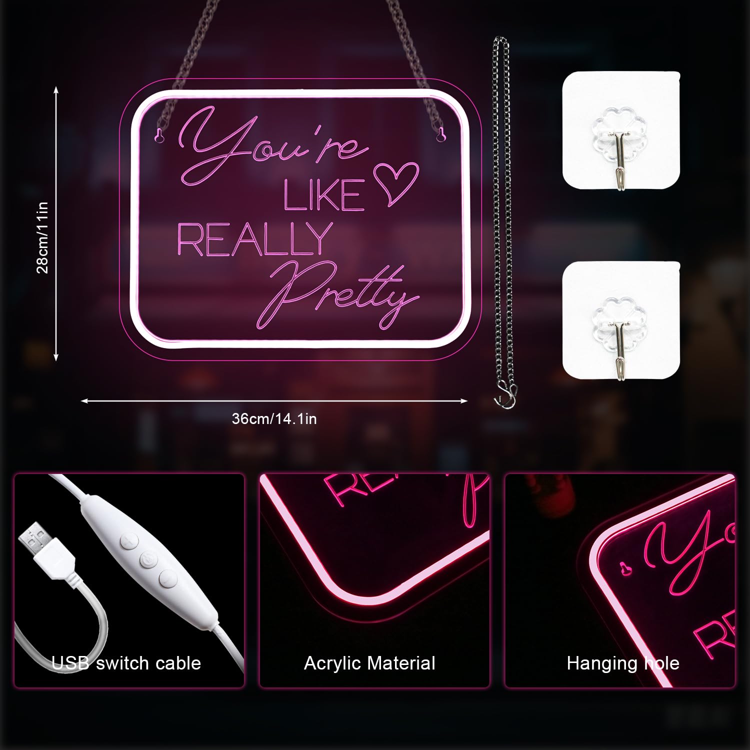 LUCUNSTAR Neon Sign for Wall Decor, Pink LED Light with Dimmable Switch, USB Powered Acrylic, Perfect for Bedroom and Wedding Decor