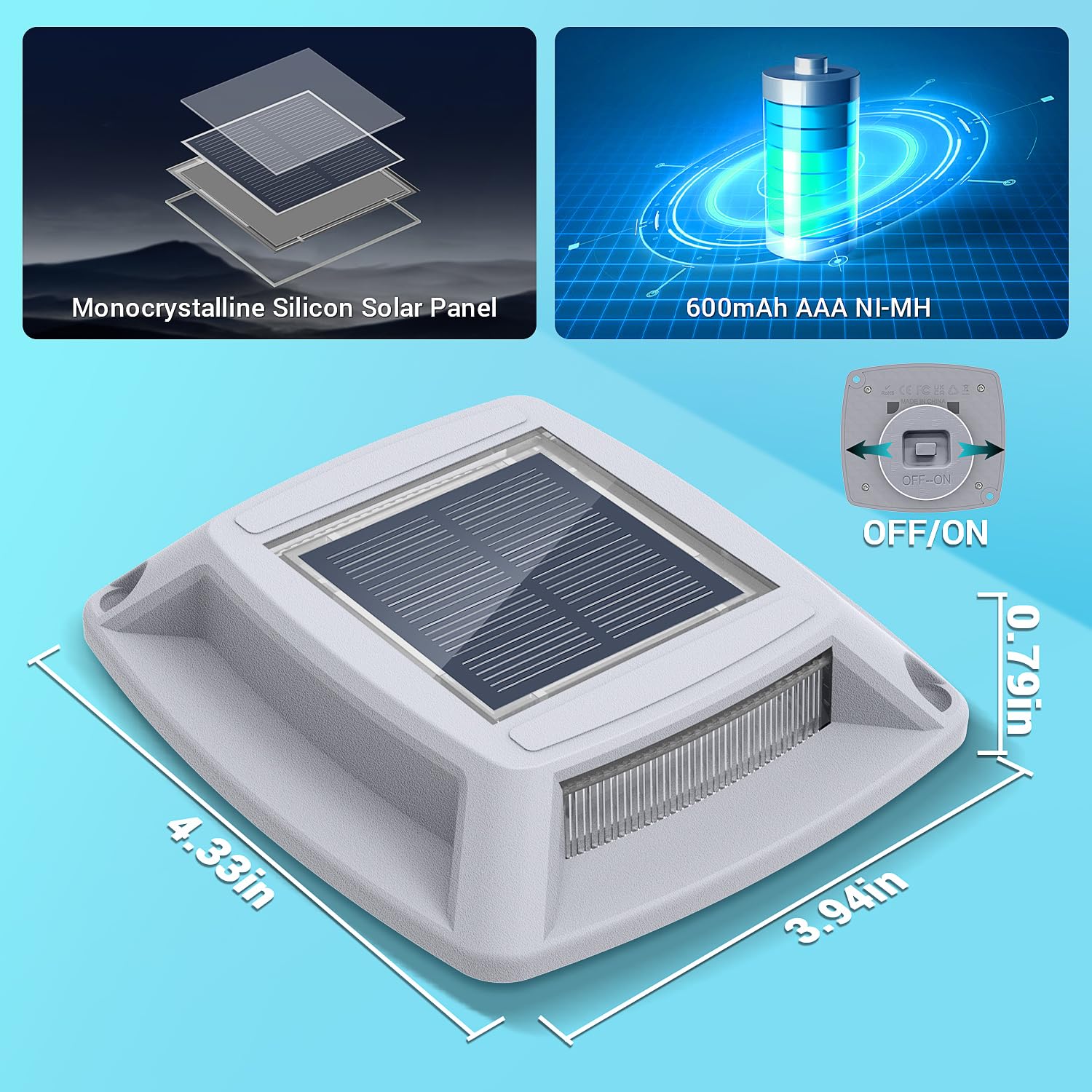 Solar Driveway Lights 10 Pack, Solar Powered IP68 Waterproof Dock Lights, 4 LED Driveway Markers Deck Light for Dock, Pathway, W