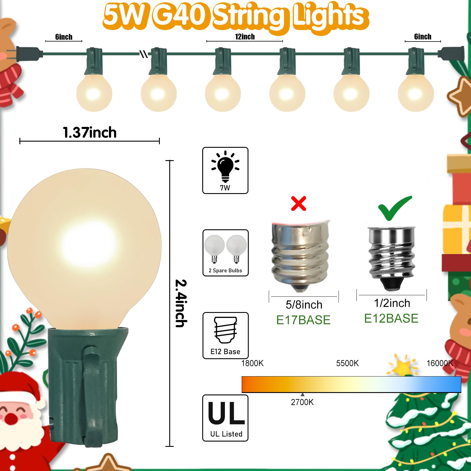 G40 Christmas Lights 25Ft Frosted Christmas Lights With 27 Edison Incandescent Round Bulbs Connectable Globe Light For Indoor/Outdoor Tree Holiday Party Garden Decor Green Wire