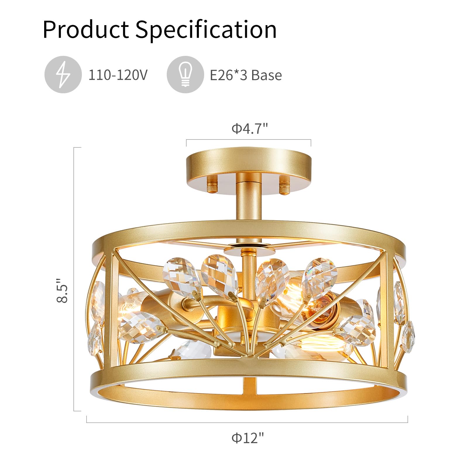 Wuzups Crystal Leaf Chandelier 3-Light Vintage Farmhouse Industrial Semi-Flush Mount Ceiling Light Modern Lighting Fixture For F