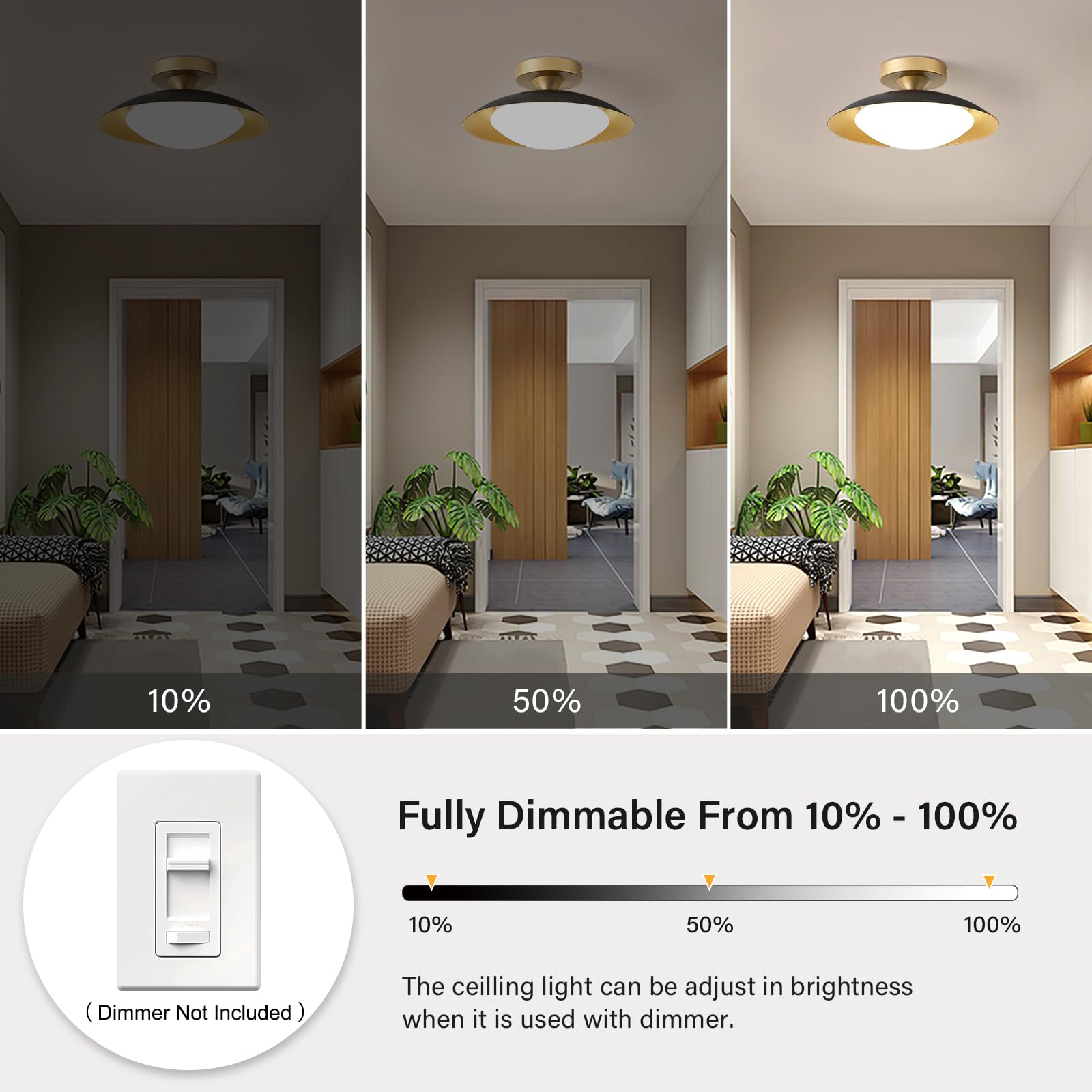 Dimmable Modern Mid-Century Ceiling Light, Black And Gold Led Semi Flush Mount Ceiling Light, 5Cct 2700K-6000K Lighting Fixture Ceiling Lamp With Acrylic Shade For Bedroom Hallway Kitchen, 11.8In