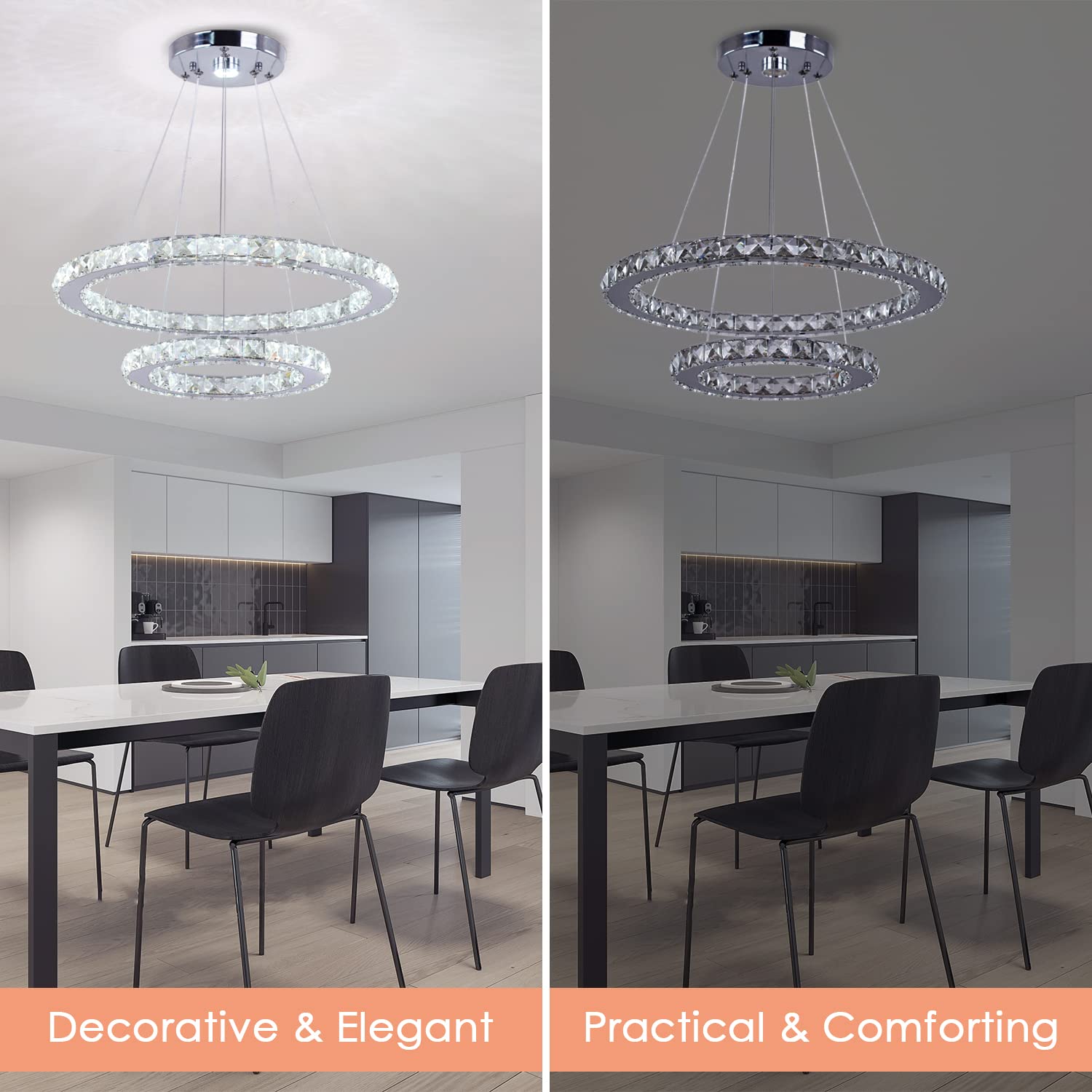 TongLan LED Crystal Chandelier Pendant Light, Adjustable 2 Rings, 19.7"x11.8", Cool White, Stainless Steel for Dining and Living Room