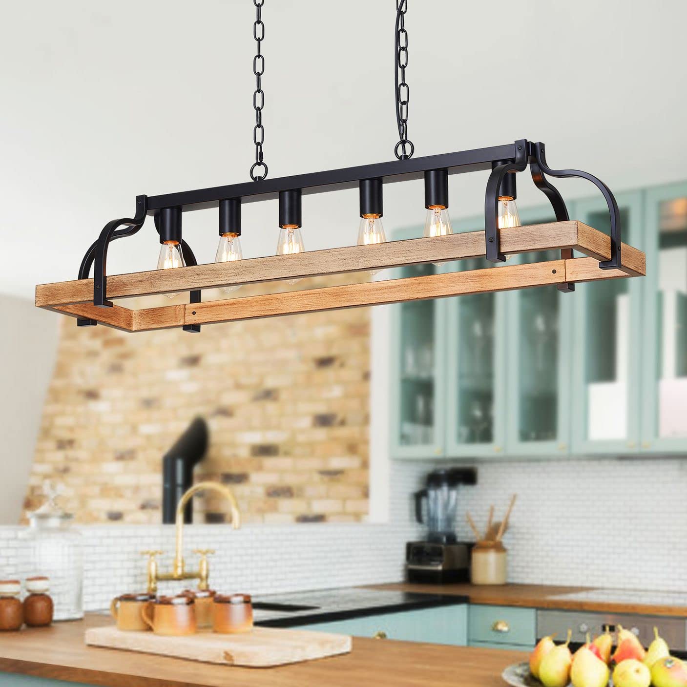 WUZUPS 6-Light Metal Pot Hanging Rack Chandelier Imitation Light Wood Grain Linear Pendant Ceiling Lighting Rustic Farmhouse Fix