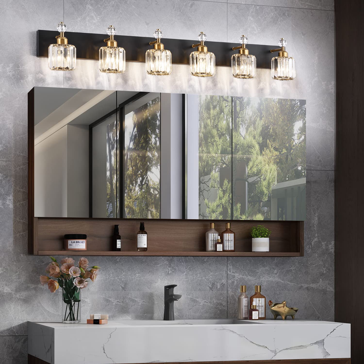 PRESDE Modern Crystal Black and Gold 6 Light Vanity Light Fixtures for Bathroom Over Mirror Bathroom Wall Light Fixtures