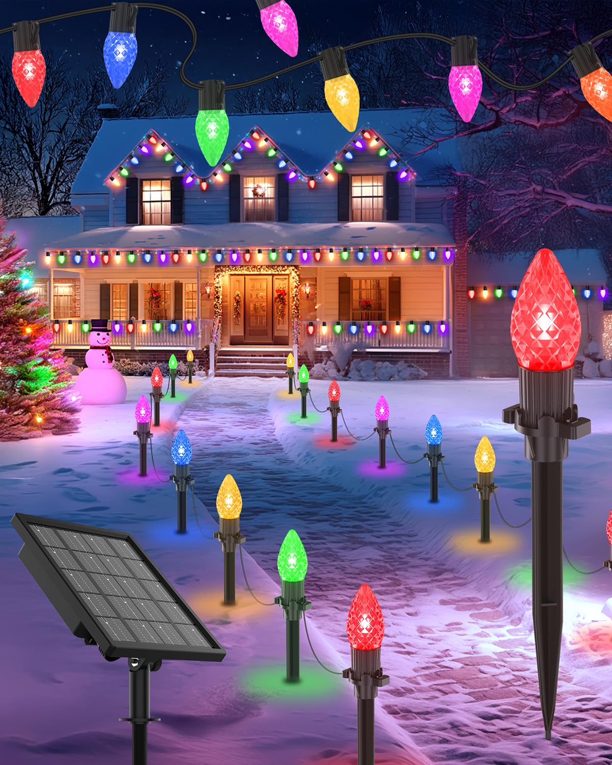 Freecube 50Ft C9 Led Solar Christmas Pathway Lights Outdoor  25 Multicolor Bulbs With 8 Modes & Timer  Waterproof Solar Christmas Stake Lights For Yard Lawn Sidewalk Driveway Outdoor Decorations