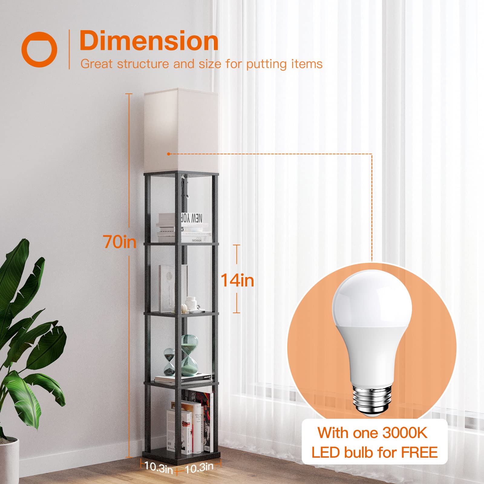 addlon Floor Lamp with Shelves, 70''H Black Modern Aluminum Design, Model A130109912, Includes 3CCT LED Bulb
