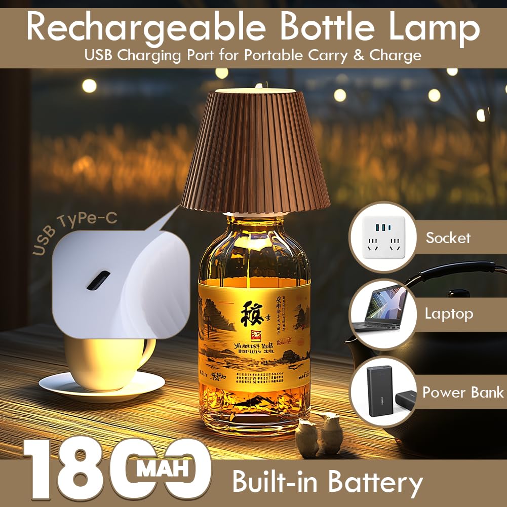 WILIT Wireless Table Lamp - Rechargeable, 3-Level Brightness, Brown Gray Wood Grain - Cordless Night Light for Home and Bar Decor