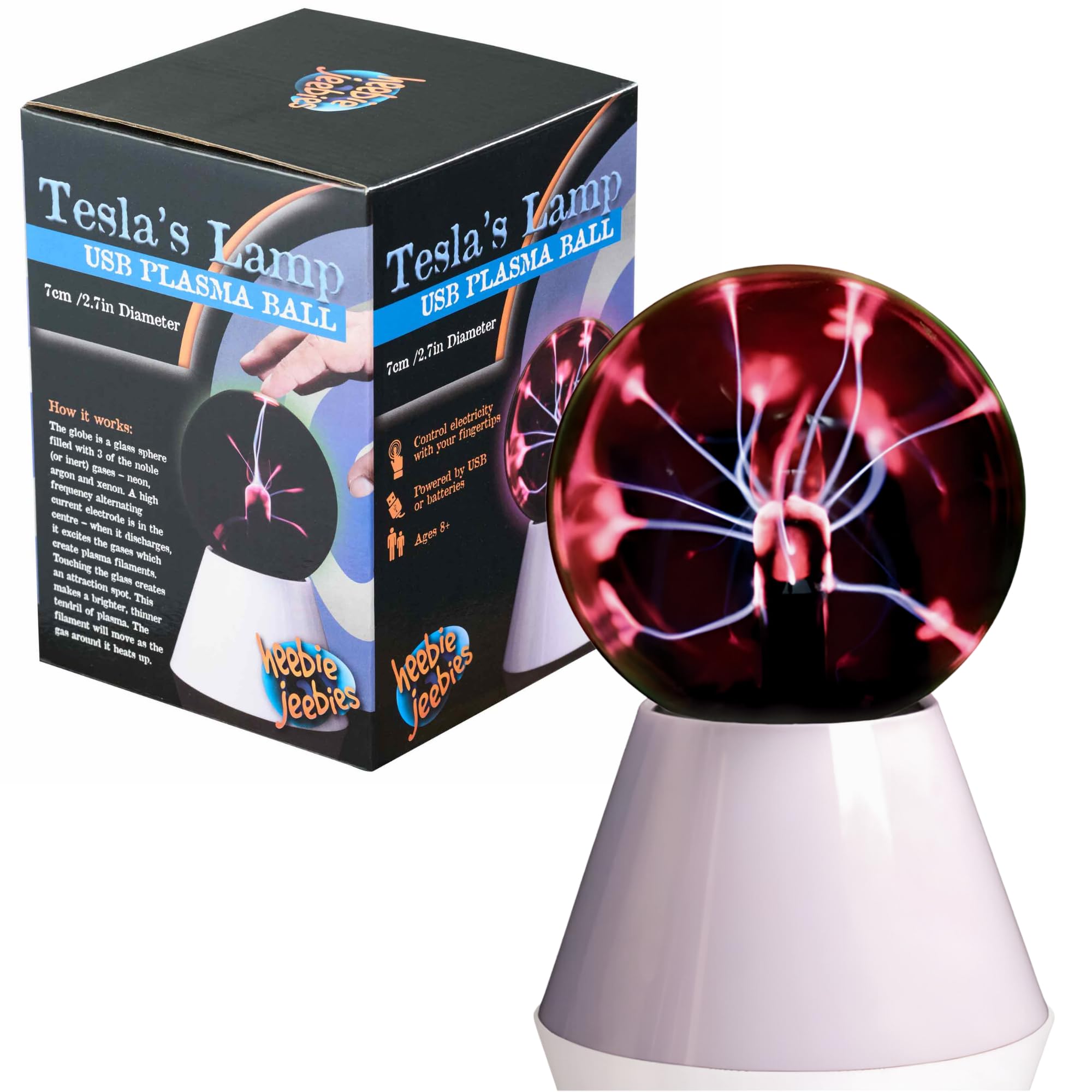 Heebie Jeebies Scientific Teslas Lamp- Plasma Ball Globe Lamp with Interactive Electronic Touch- USB or Battery Powered- STEM Gl