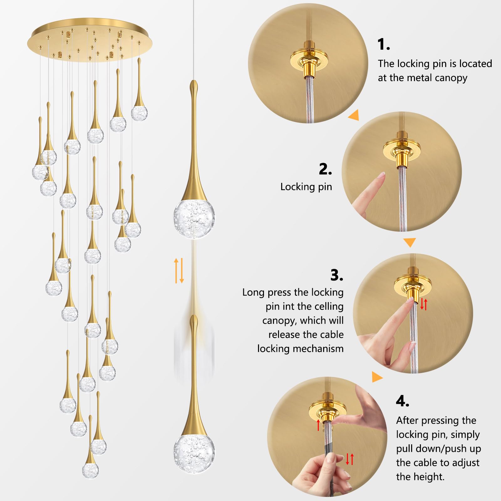 cenozo 24-Light Modern Glam Crystal Chandelier, LED Dimmable, Antique Gold, High Ceiling Lighting, Model RS2037-24G