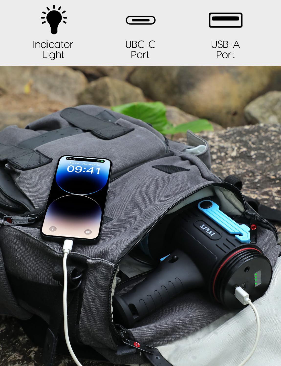 XINXI Rechargeable Spotlight with COB Floodlight, 6 Light Modes and USB Charger for Hiking, Boating, Hunting, IP67 Waterproof Ha