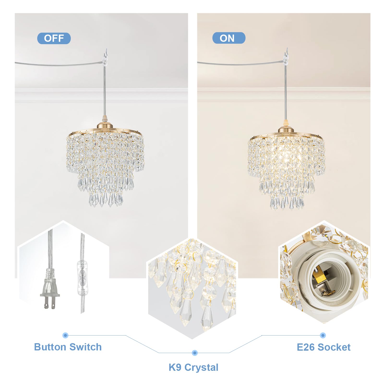 8'' Plug In Pendant Light Corded Hanging Lights With Plug In Cord Hanging Lamp Plug In With 16.4 Ft Cord Mini Chandelier For Bed