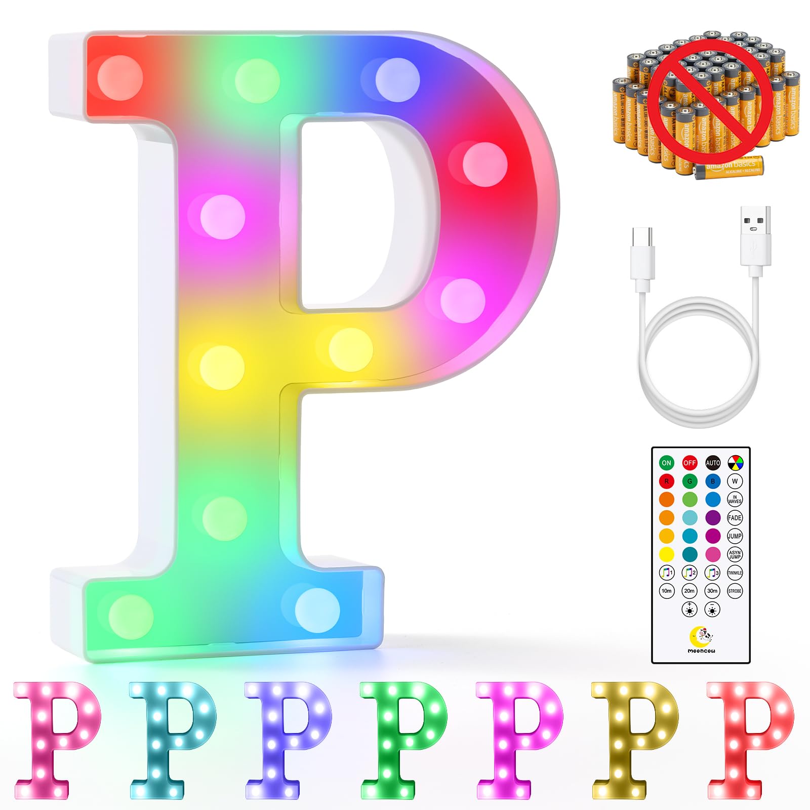 Mooncow Rechargeable Light Up Letters,Colorful Marquee Letters With Remote,Gift Wrap Gifts,Bedroom Home Bar Party Decor (P)