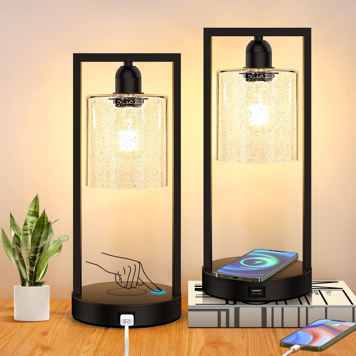 Wireless Charging Touch Control Table Lamp Set Of 2, Dimmable Bedside Nightstand Lamps With Usb Port, Industrial Desk Lamps For