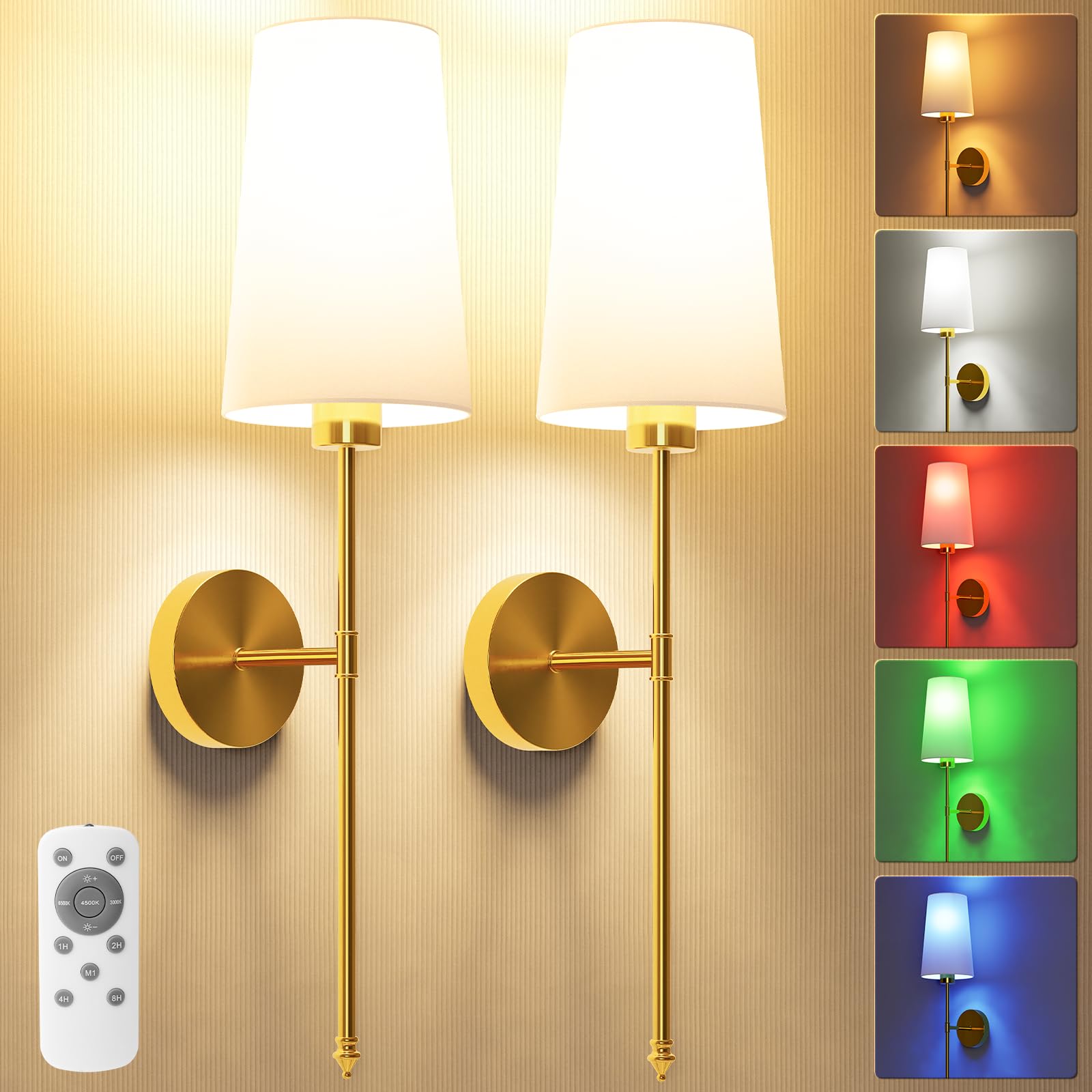JOFIOS Wall Sconce Set of 2, Gold, 27 inch, Metal, Dimmable Detachable Bulbs, Rechargeable, Remote Control, Model JFS61298