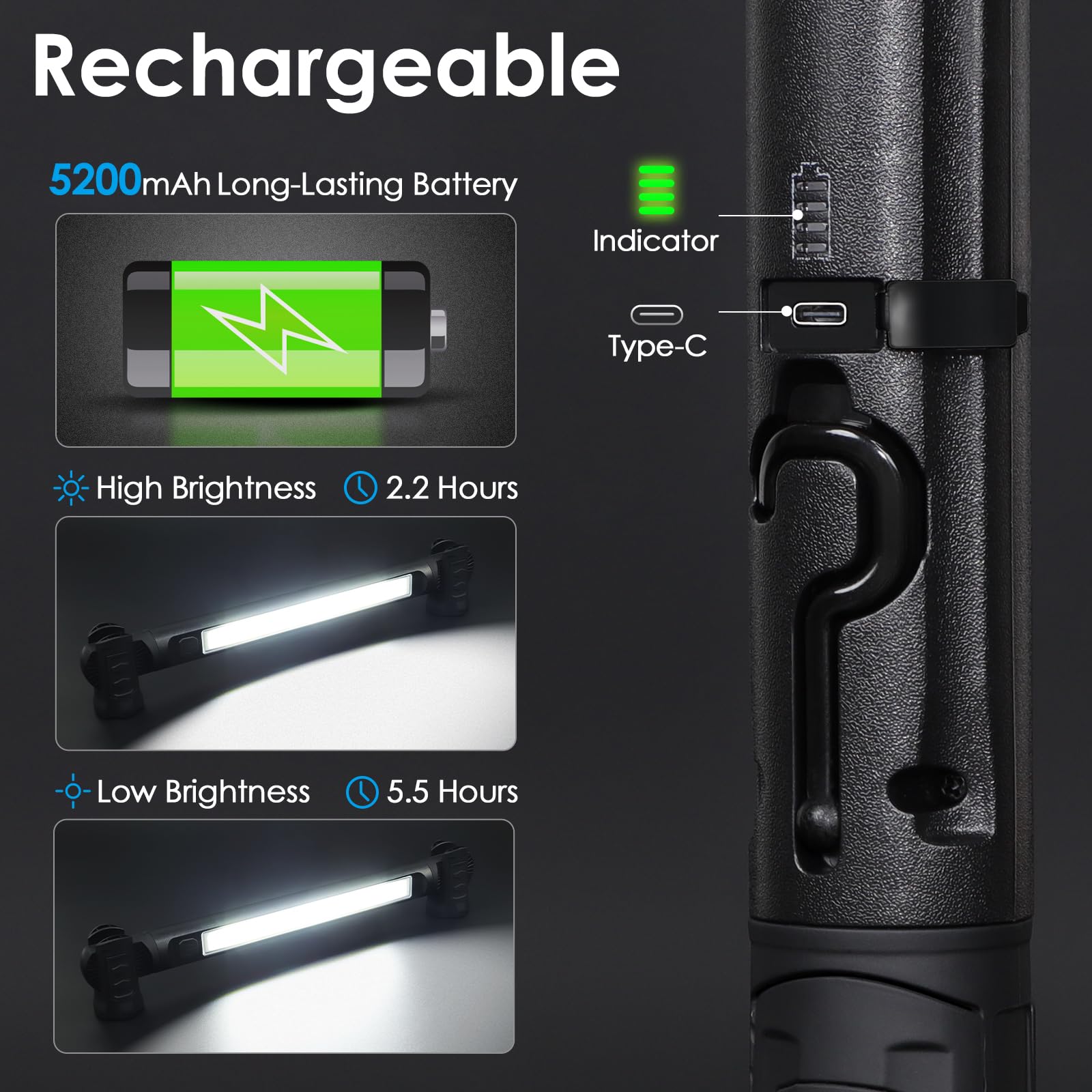 Work Light, 2500Lm Ultra Bright, 5200Mah Rechargeable Led Work Lights, Magnetic Underhood Work Light Bar With Hooks, Portable Me