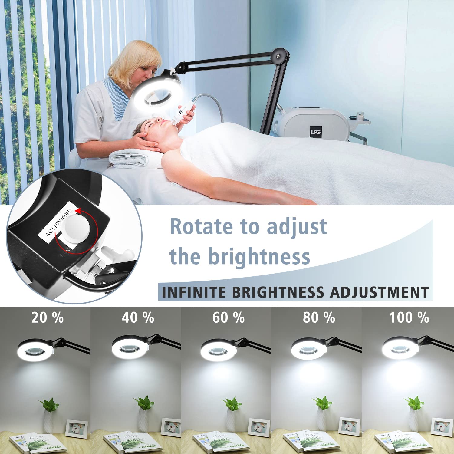 LANCOSC 8X Magnifying Glass with Light, 1,500 Lumens Dimmable LED, Black, Model FL-BH, Ideal for Estheticians and Crafts