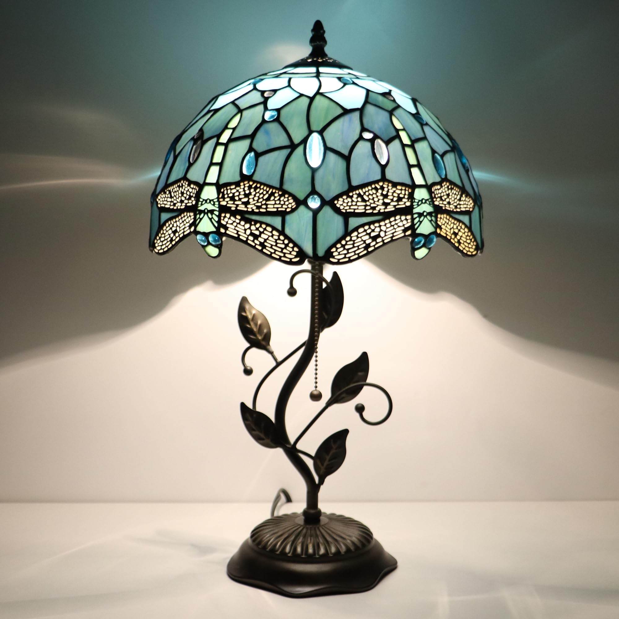 HZYFFYU Tiffany Table Lamp Stained Glass Desk Lamp Metal Leaf Base Reading Light 12X19 Inch (Sea Blue Dragonfly)