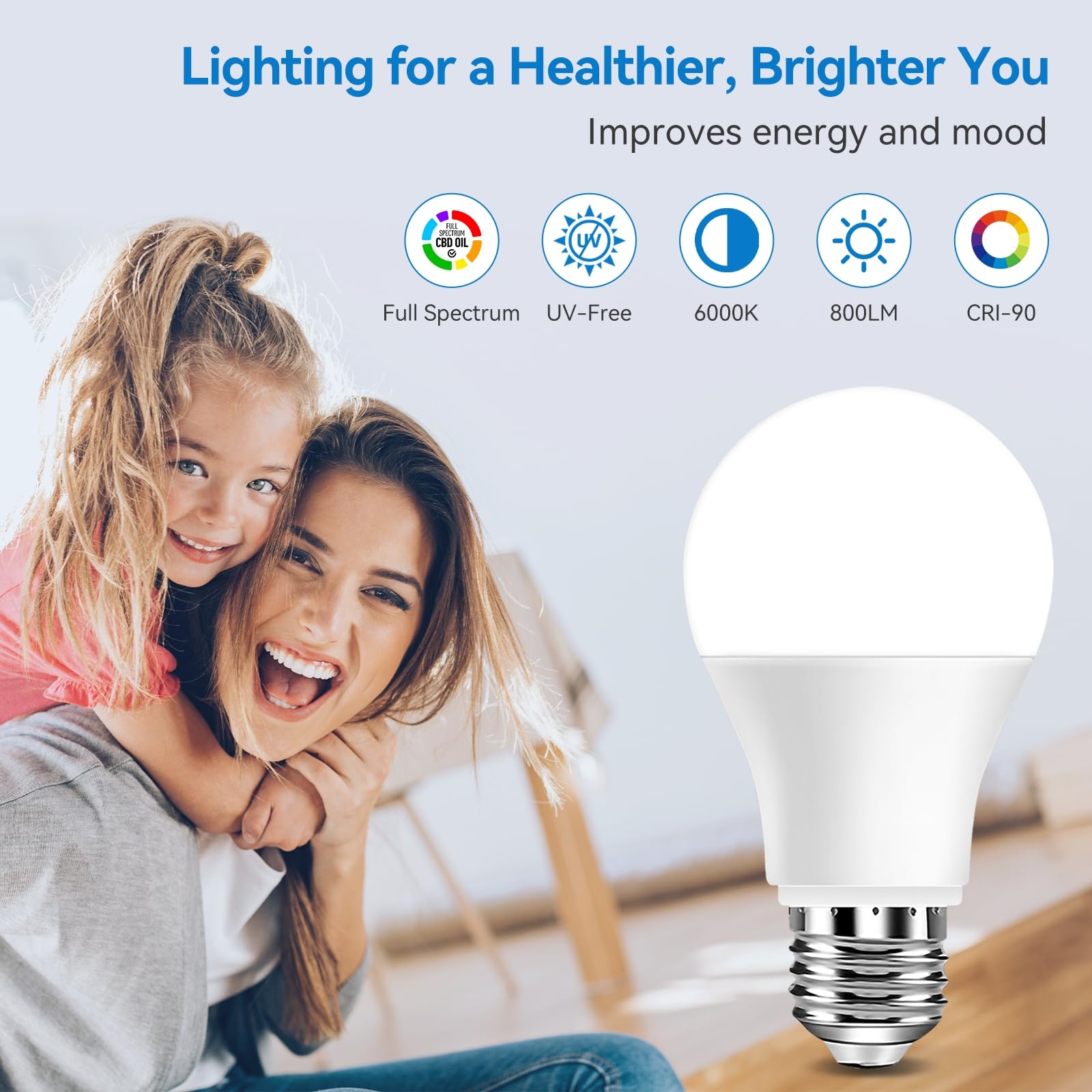 Neporal Full Spectrum Light Bulb 9W LED CRI 90, UV-Free Daylight, White, 6 Count, E26/E27, Flicker-Free, 30,000 H