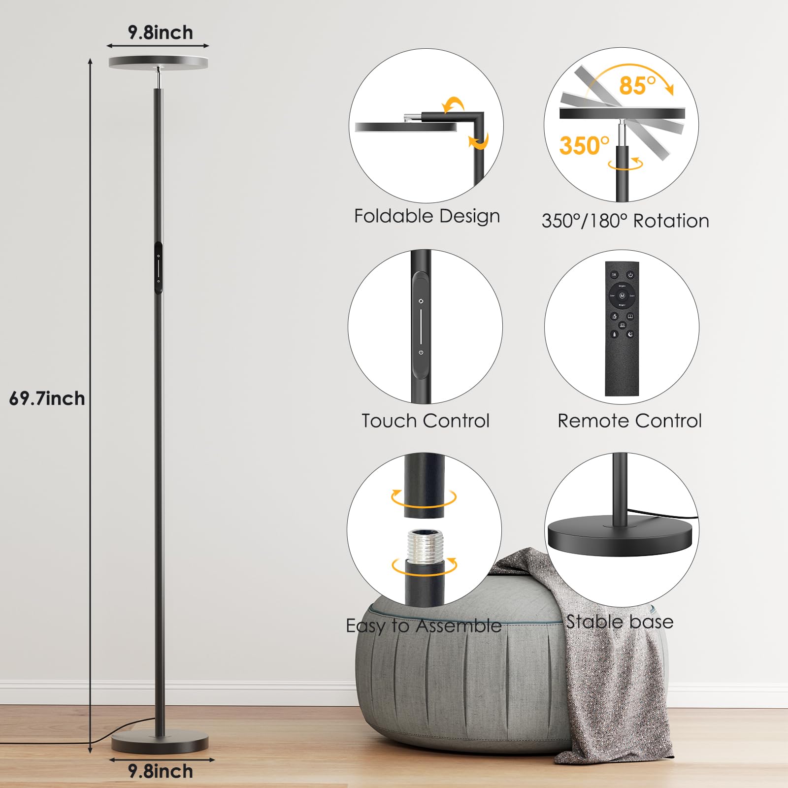 Jeagop LED Torchiere Floor Lamp, 32W 3000LM, 69in Tall, Remote & Touch Control, Black, Model LEDTOFL-B