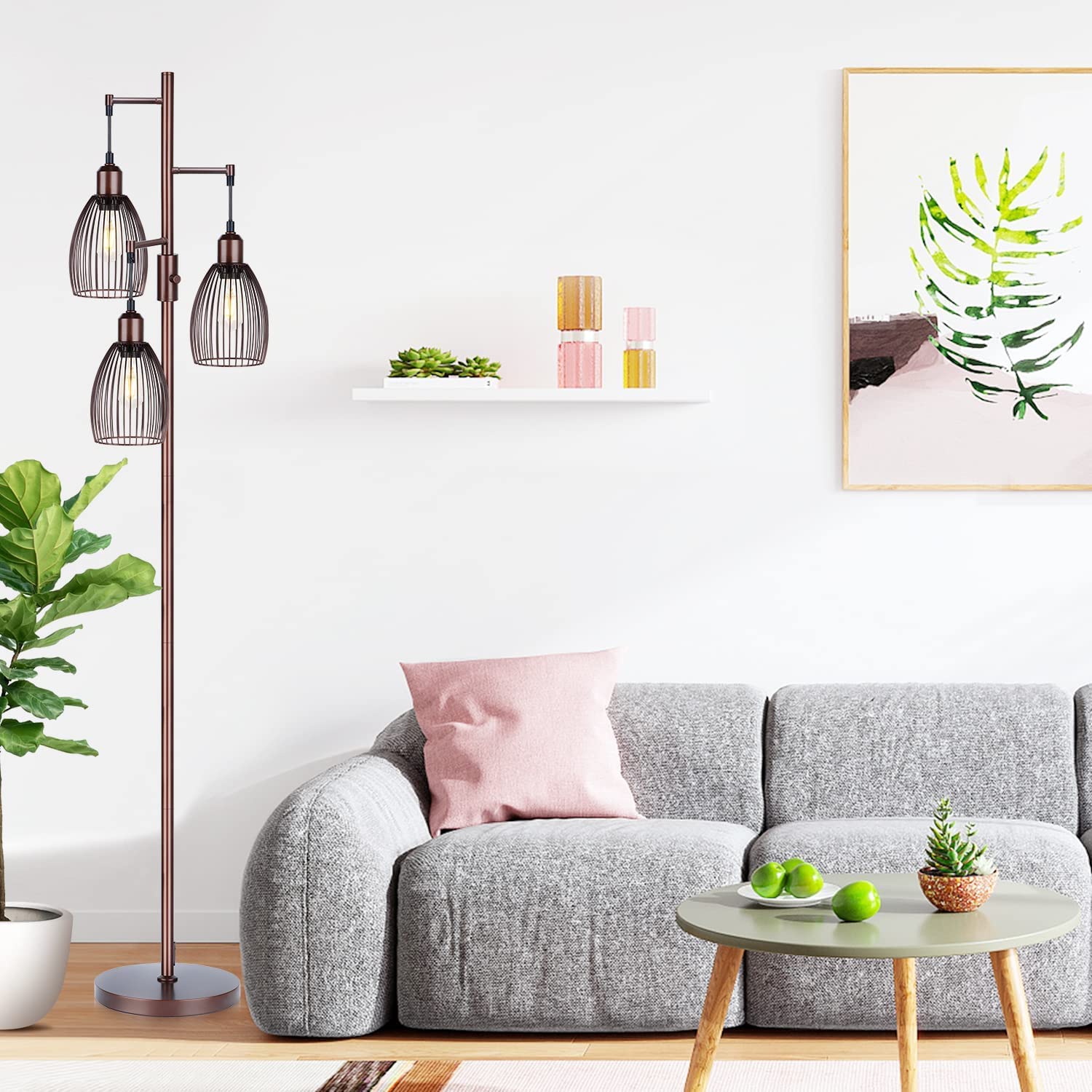 Dimmable Floor Lamp, 3 X 800Lm Led Edison Bulbs Included, Farmhouse Industrial Floor Lamp Standing Lamp With Elegant Teardrop Cage Head Tall Lamp For Living Room Bedroom Office Dining Room - Brown