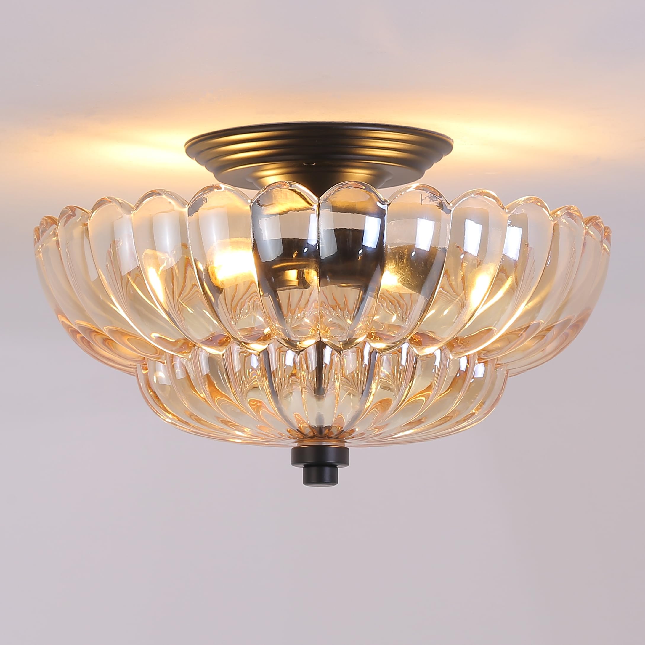Semi Flush Mount Ceiling Light, Scalloped Amber Glass Close to Ceiling Light Fixtures with 2 Lights, Black Vintage Light fixture